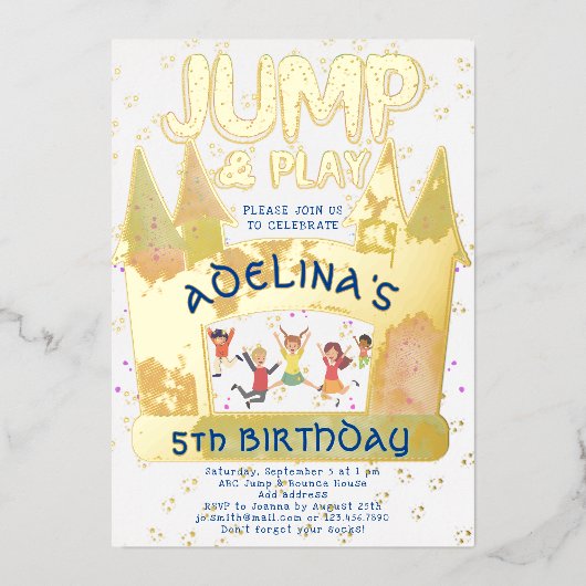 バウンスハウスジャ遊ンプ体操子供の誕生日 箔招待状 (正面)