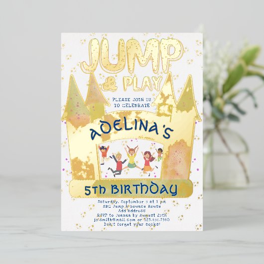 バウンスハウスジャ遊ンプ体操子供の誕生日 箔招待状 (立ち正面)