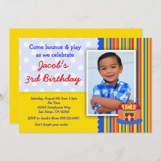 バウンスハウス誕生日パーティー招待ボーイ 招待状 (正面/裏面)
