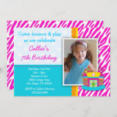 バウンスハウス誕生日招待状ゼブラプリントピンク 招待状 (正面/裏面)