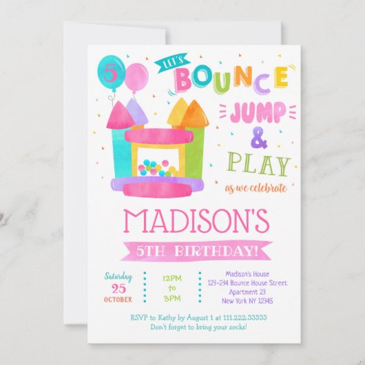 バウンスハウス誕生日招待状フォーガール 招待状 (正面)