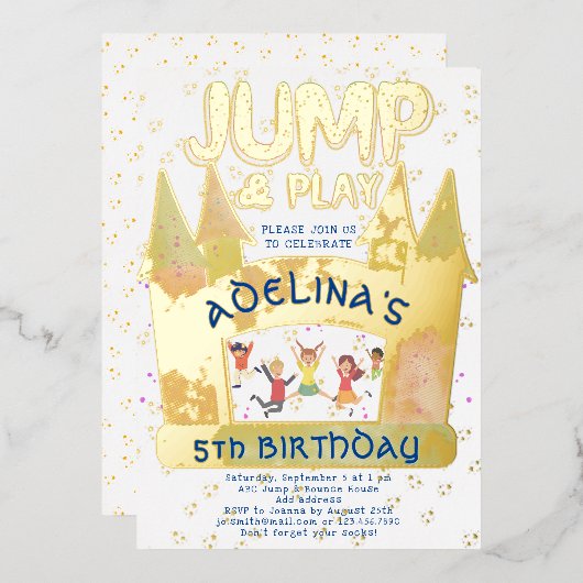 バウンスハウス ジャンプ 遊び 体操 子供 誕生日 箔招待状 (正面/裏面)