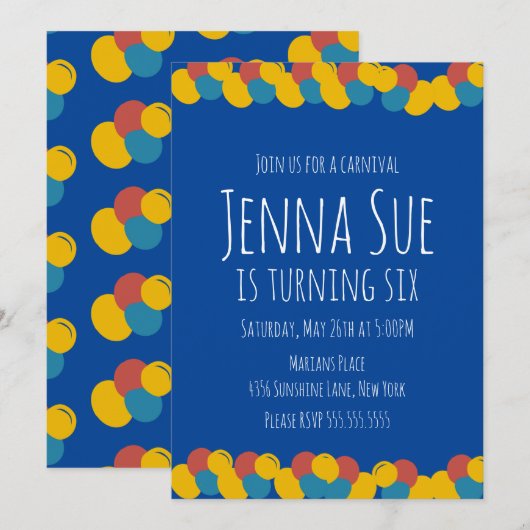 バウンスボールドットカーニバル誕生日招待状 招待状 (正面/裏面)