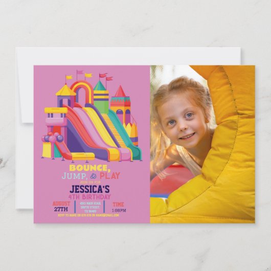 バウンス城の誕生日パーティーの写真 ピンクで弾む 招待状 (正面)