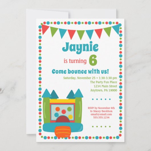 バウンス招待状ガールズボーイズジャンプバースデーパーティー 招待状 (正面)
