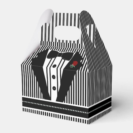 バウ結婚タイ付きの黒いタキシード フェイバーボックス (正面サイド)