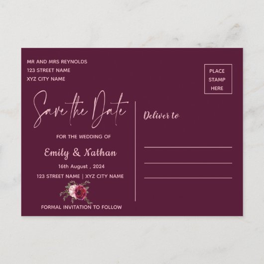 バエレガントルかわいらしグンディ桃フローラ結婚ズ 案内ポストカード (裏面)