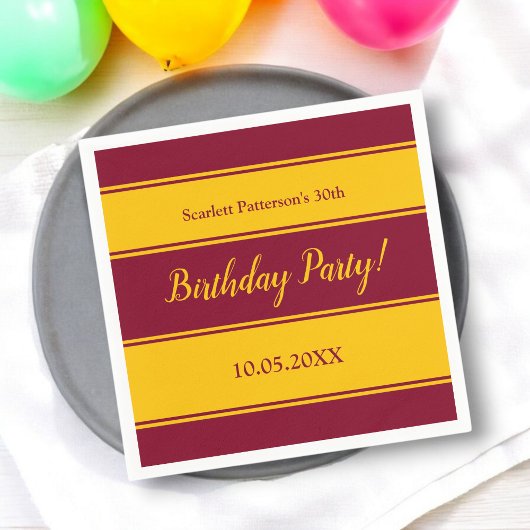 バエレガントルガンディと金ゴールドストライプのモダン誕生日 スタンダードカクテルナプキン