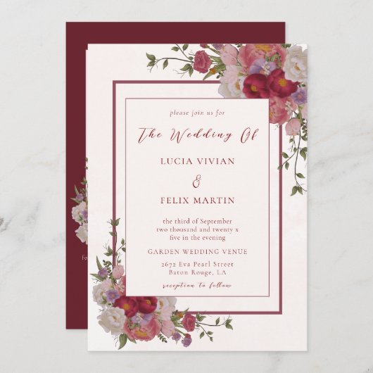 バエレガントルガンディフローラQRコード写真結婚の 招待状 (正面/裏面)