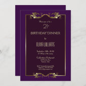 バエレガントルガンディーパープル金ゴールド21th誕生日ディナー 招待状 (正面/裏面)