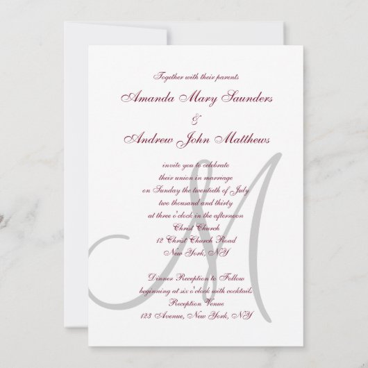 バエレガントルガンディ・グレイフォーマル・モノグ結婚ラム 招待状 (裏面)