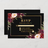 バエレガントルグンディフローラの結婚ブラック金ゴールドRSVP 出欠カード (正面/裏面)