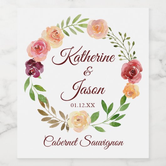 バエレガントルグンディ結婚フローラパーソナライズされたズ ワインラベル (シングルラベル)