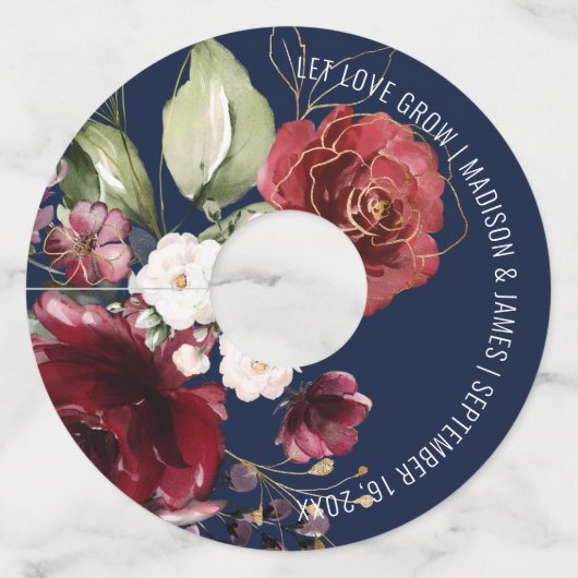 バエレガントルグンディ結婚フローラパーソナライズされた ワイングラスタグ (正面)