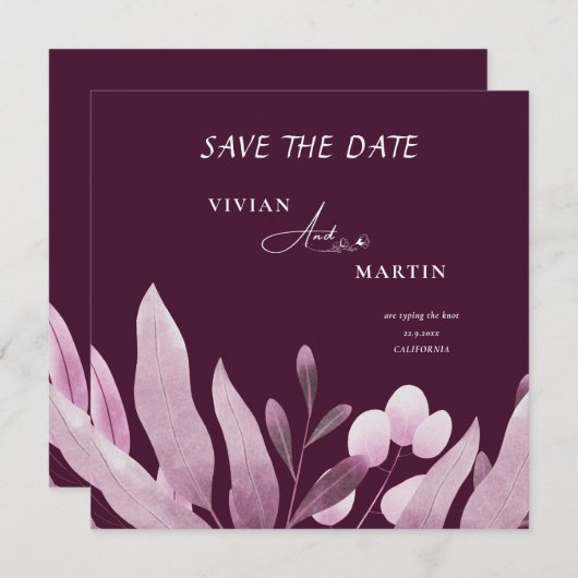 バエレガントルグンディ葉ビック・モノグラム日付を保存 招待状 (正面/裏面)