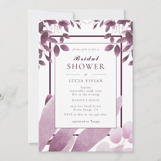 バエレガントルグンディ葉ブライダルシャワー 招待状 (正面)