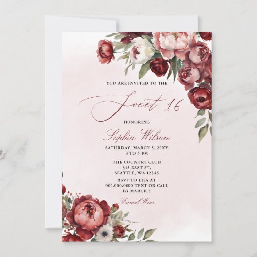 バエレガントルモダングンディ赤面フローラスウィート16 招待状 (正面)