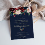 バエレガントル色彩の鮮やかグンディと海軍のフローラ結婚ズ 招待状<br><div class="desc">バーグンエレガントディ、ネイビーブルーとピンクの赤面の水色の花と黒いスクリプトの文字と緑の葉。この結婚式の招待の色と文字は可能パーソナライズされたである。</div>