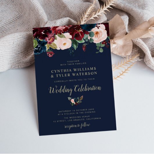 バエレガントル色彩の鮮やかグンディと海軍のフローラ結婚ズ 招待状