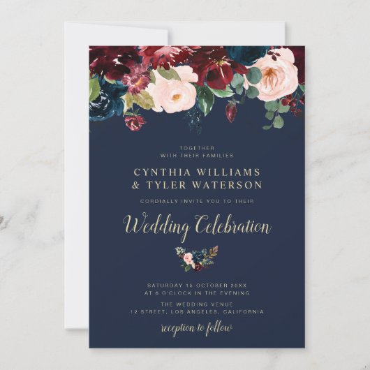 バエレガントル色彩の鮮やかグンディと海軍のフローラ結婚ズ 招待状 (正面)