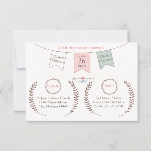 バエレガントンティング- 3x5カップルのベビーシャワー 招待状 (正面)