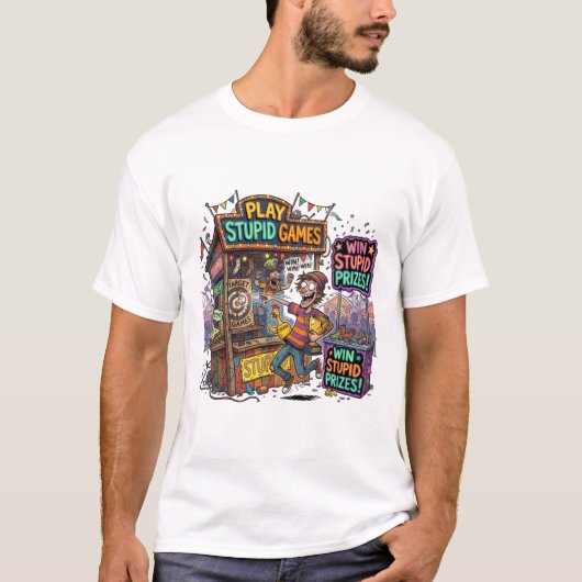 バカなゲームをすればバカな賞品が当たる 面白いカーニバル Tシャツ (正面)