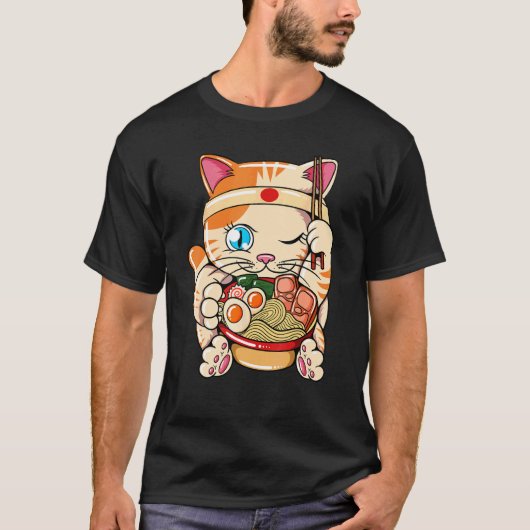 バカにラーメンを食べる猫 Tシャツ (正面)