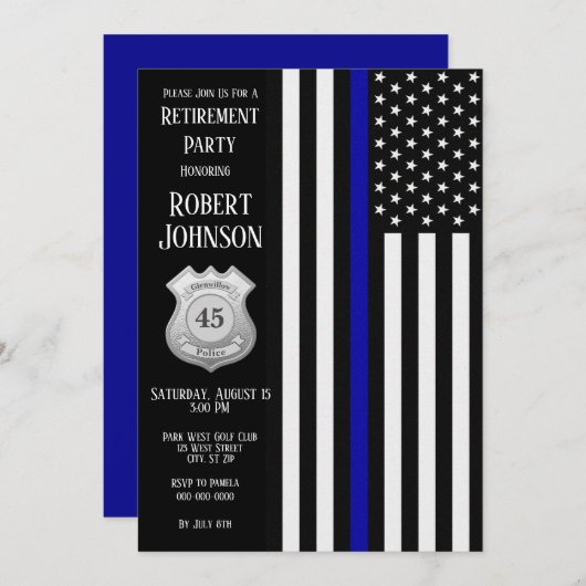 バカスタムッジの細い青い線のリタイアメント 招待状 (正面/裏面)