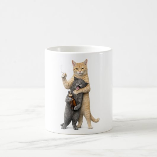 バカバカしくておもしろい猫のミーム - 煙草を吸う猫と飲酒 コーヒーマグカップ (中央)