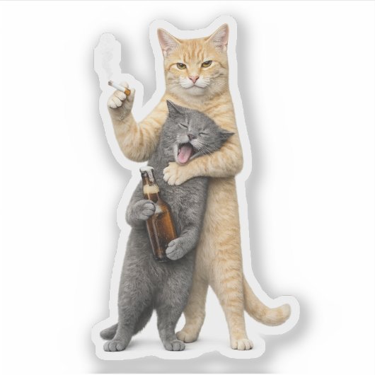 バカバカしくておもしろい猫のミーム　－　煙草を吸う猫と飲酒 シール (正面)