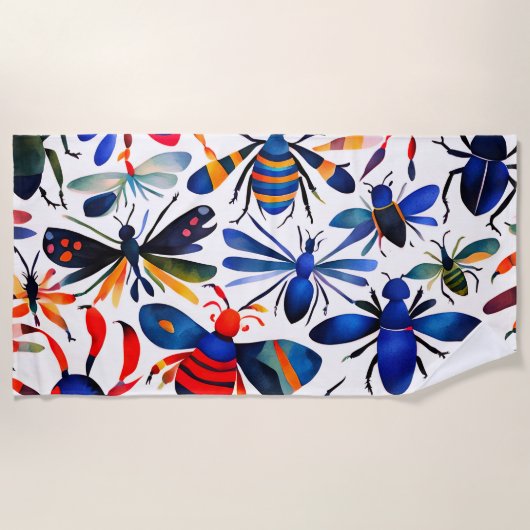 バカラフルグお洒落水彩昆虫アート ビーチタオル (正面)