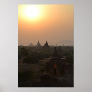 バガン寺院の夕日 – ミャンマー写真 ポスター