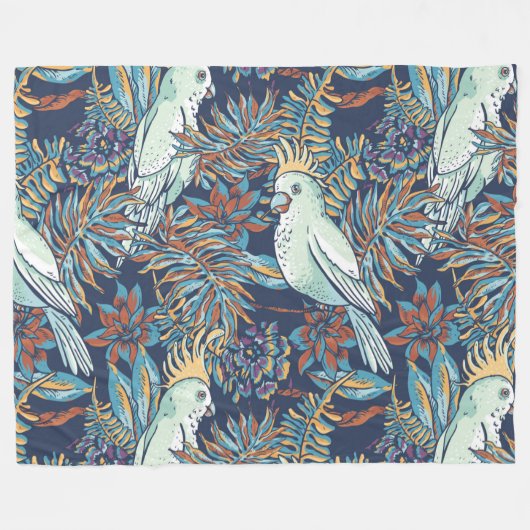 バギー熱帯雨林の花々葉の青い背景 フリースブランケット (正面(横))