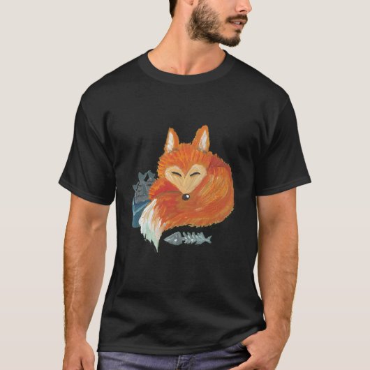 バクと一緒に眠っているキツネのアクリル画 Tシャツ (正面)