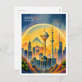 バクアゼルバイジャンシティスケープ水彩 シーズンポストカード (正面/裏面)