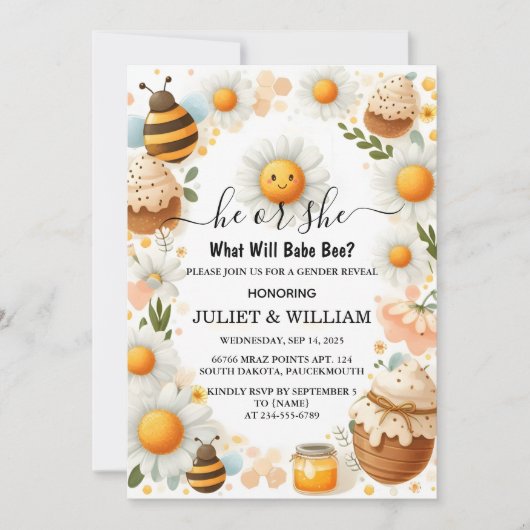 バグの取得デイジー素朴開花忙しBee Gender Reveal 招待状 (正面)
