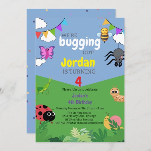 バグをテーマにした子供の誕生日招待状不気味なクローリー 招待状 (正面/裏面)