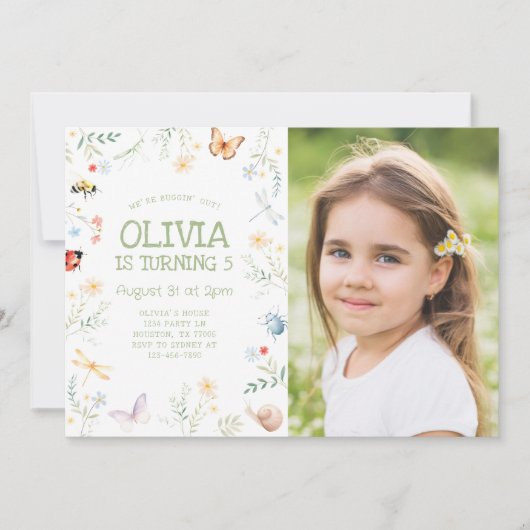 バグガール誕生日写真招待状昆虫パーティー 招待状 (正面)