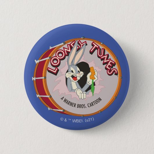 バグス・バニー™がドラムの中に LOONEY TUNES™ 缶バッジ (正面)
