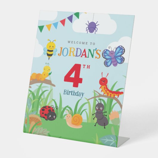 バグパーティー誕生日かわいいカラフル紙へようこそ 台座サイン (正面)