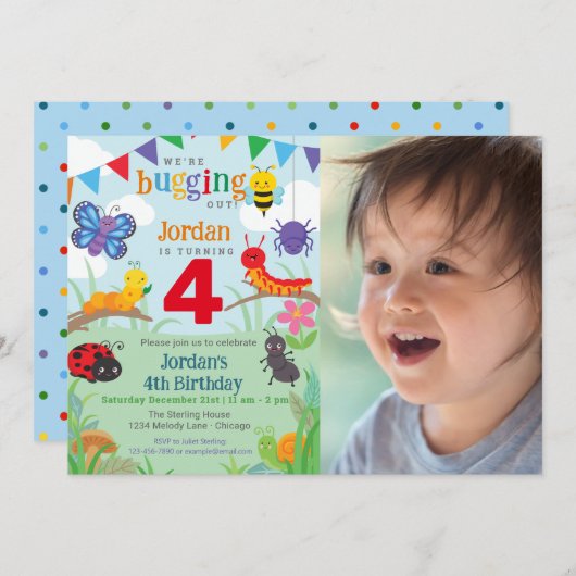 バグ誕生日写真かわいいカラフルバグパーティー 招待状 (正面/裏面)