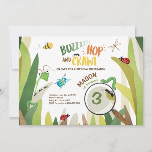 バグ誕生日招待状虫のバグ男の子バギング 招待状 (正面)