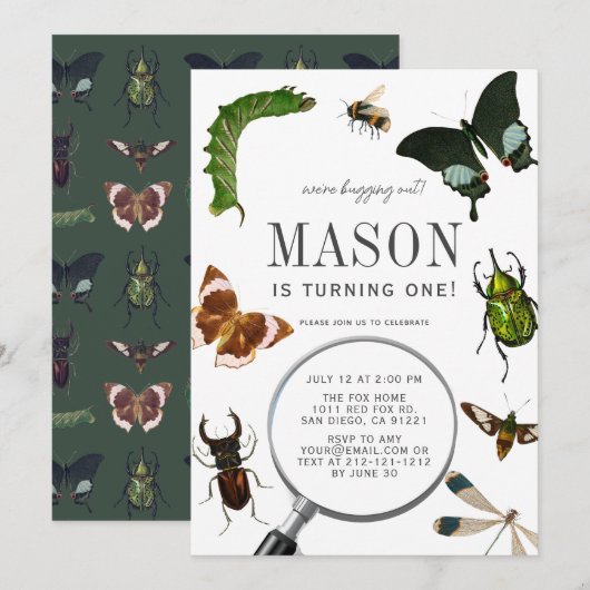 バグ＆昆虫 ヴィンテージ 男の子 1歳 誕生日 招待状 (正面/裏面)