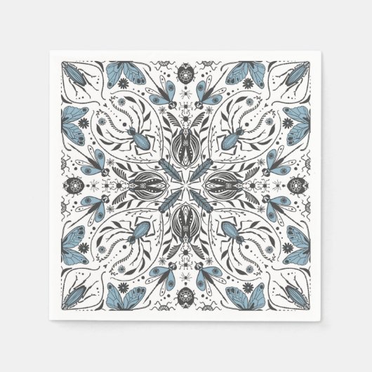 バグ、黒と青 スタンダードカクテルナプキン (正面)