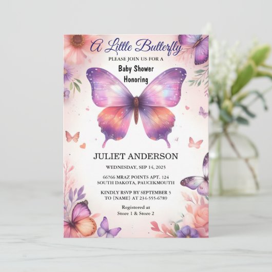 バグBohoソフトグロー生きている蝶の赤ちゃんシャワー 招待状 (スタンド正面)