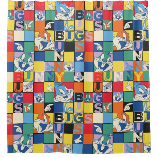 バグBUNNY™名カラフル前と顔市松模様に シャワーカーテン (正面)