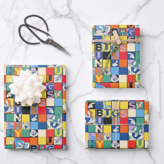 バグBUNNY™名カラフル前と顔市松模様に ラッピングペーパーシート (正面)
