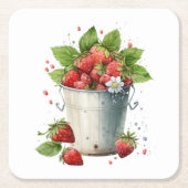 バケットで摘んだ新鮮なイチゴ スクエアペーパーコースター (正面)