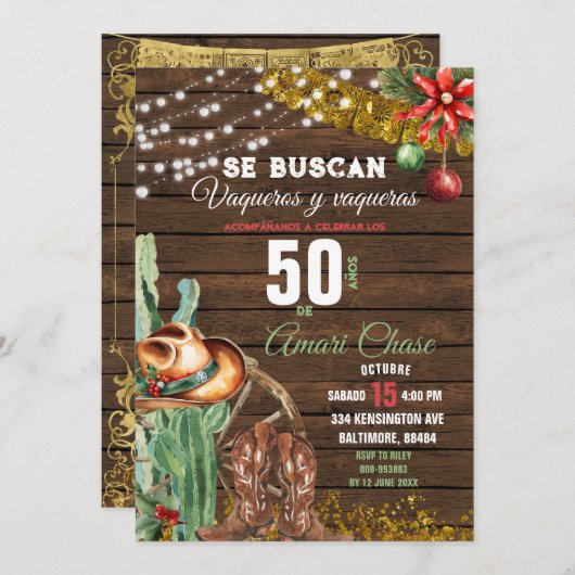 バケロスペインのサボスクリスマス50アニョス誕生日 招待状 (正面/裏面)