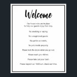 バケーションハウスルールブラックアンドホワイト文字テンプレート ポスター<br><div class="desc">ウェルカムは、このハウスのルールのポスターの上部にある黒いスクリプトに表示される短期レンタルハウス。短いオープニング文はスクリプトの下にある。その後、短期のレンタル住宅の8つの規則がある。全ての文字は黒い。すべての文字は、短期的なユニークレンタル・プロパティのルールを反映するように変更できる。</div>